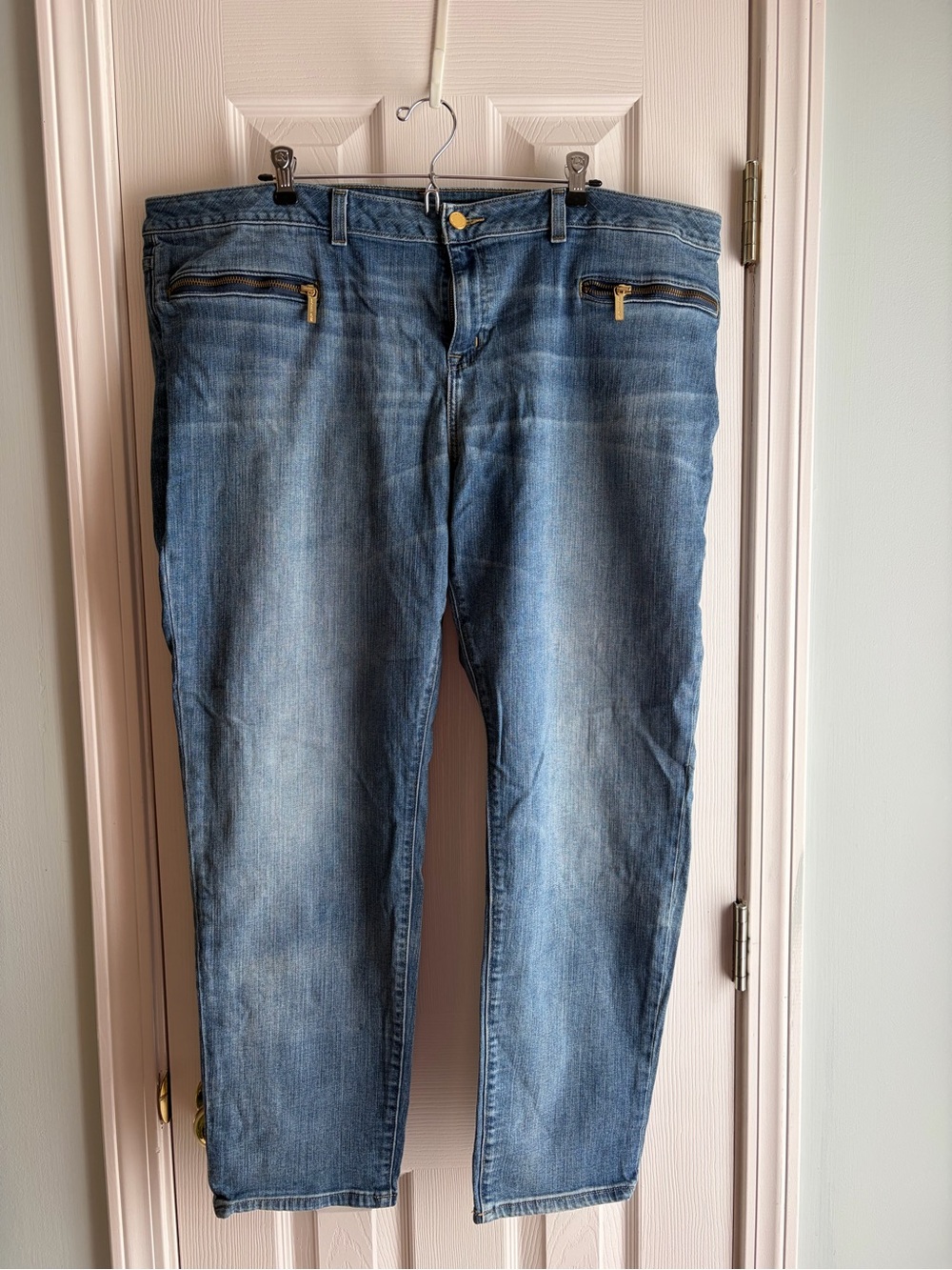 Michael Kors Medium Blue Straight Leg Jeans with Gold Zippers